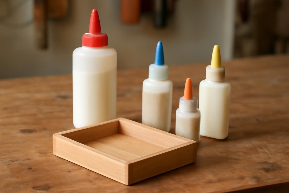 A small wooden tray and several glue bottles on a workshop table