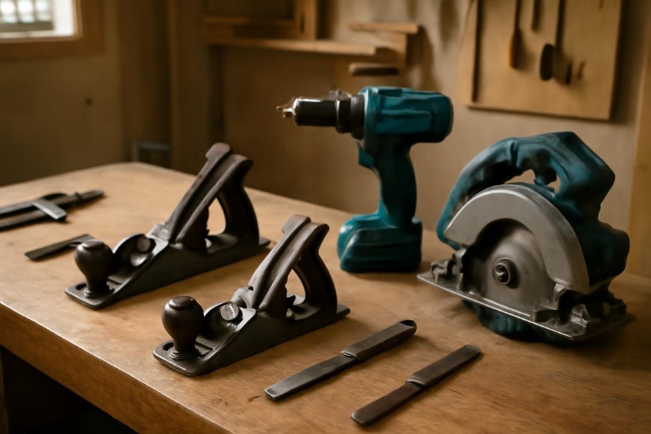 Workbench with hand planes and a couple of power tools laid out