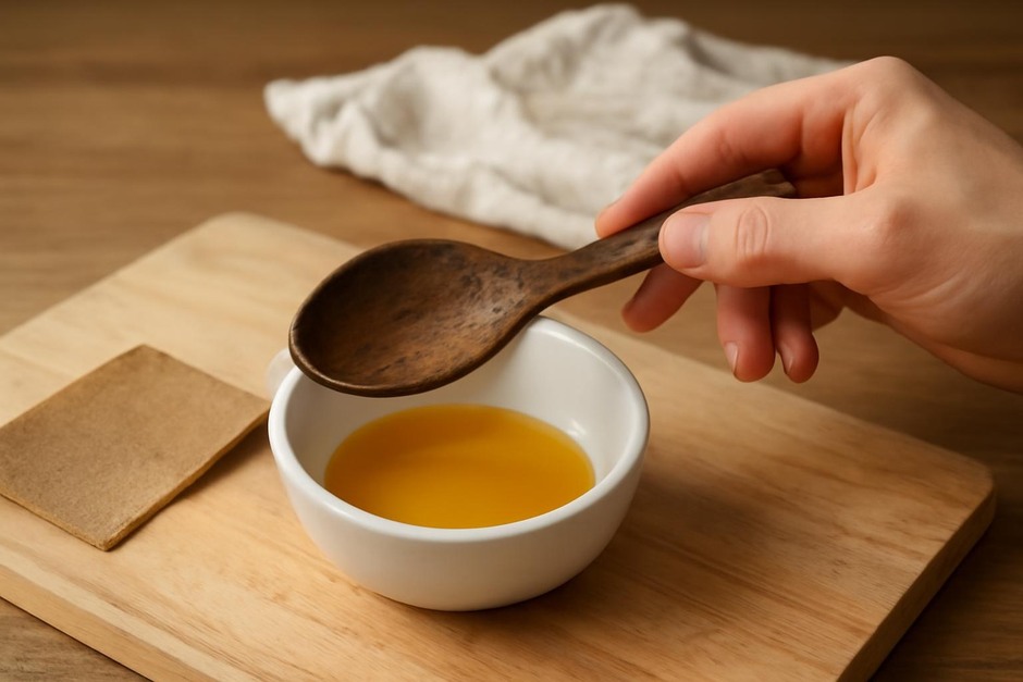 Hand holding a worn wooden spoon over a small bowl of oil