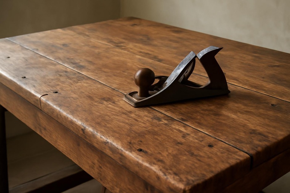 A worn wooden table top with simple joinery and a hand plane nearby